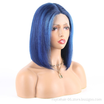 Color Hair Bob Wig Vendor, Piano Blue Lace Front Wig For Women, Highlight Human Hair Pre Plucked HD T Shape Lace Front Wig